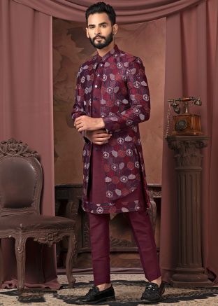 Wine Embroidered Silk Indo Western Sherwani
