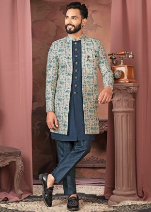 Navy Blue Embroidered Indo Western Sherwani