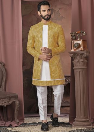 Yellow Embroidered Silk Indo Western Sherwani