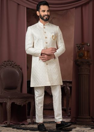 Men Cream Woven Indo Western Sherwani