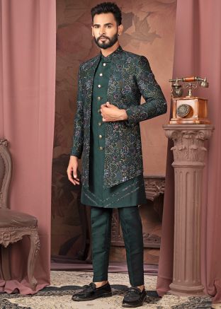 Dark Green Embroidered Indo Western Sherwani For Men
