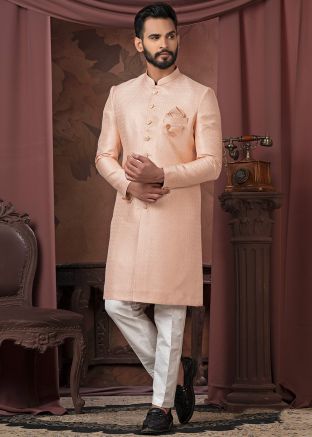 Light Pink Woven Indo Western Sherwani Set