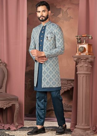 Grey & Blue Woven Indo Western Sherwani Set