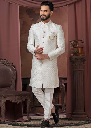 Men White Embroidered Indo Western Sherwani