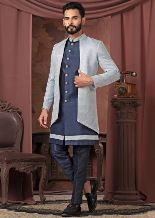 Blue Men Woven Indo Western Sherwani Set