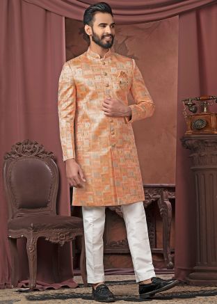 Peach Woven Men Indo Western Sherwani