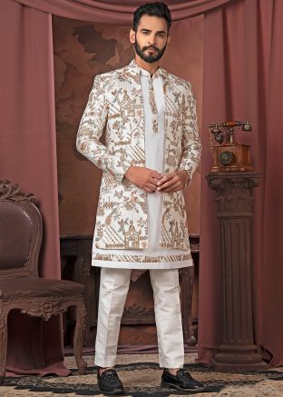 White Embroidered Men Kurta Pant With Jacket