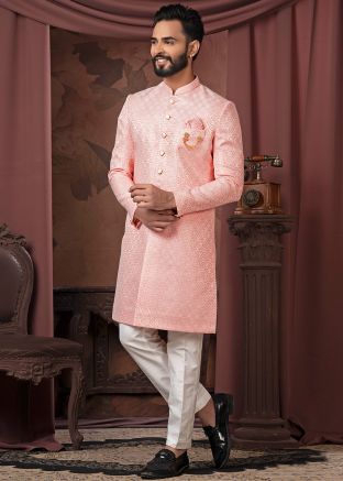 Pink Woven Men Indo Western Sherwani
