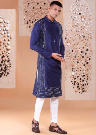Navy Blue Mirror Embellished Kurta Pant