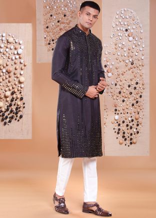 Black Mirror Work Kurta Pant In Silk