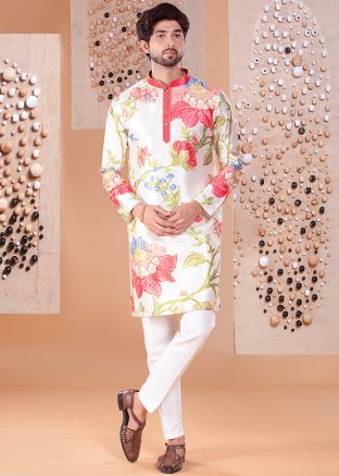 Off White Floral Print Kurta Pant For Men