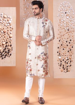 Off White Floral Print Kurta Pant For Men