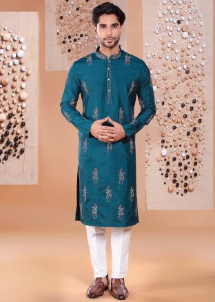 Teal Blue Embroidered Kurta Pant Set In Silk