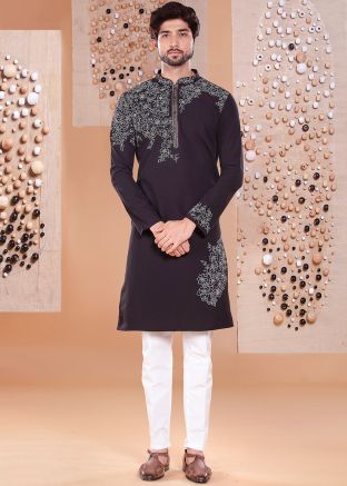 Readymade Black Embroidered Kurta Pant Set