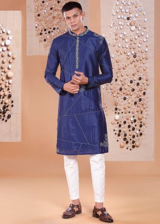 Blue Readymade Embroidered Kurta Pant In Silk