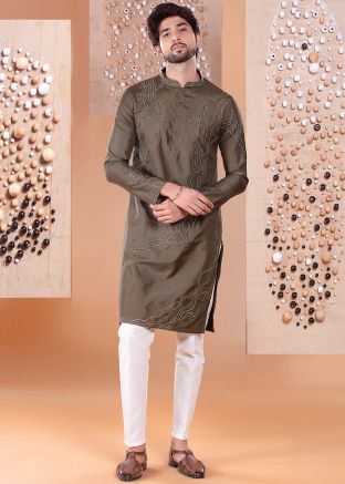 Brown Readymade Embroidered Kurta With Pant