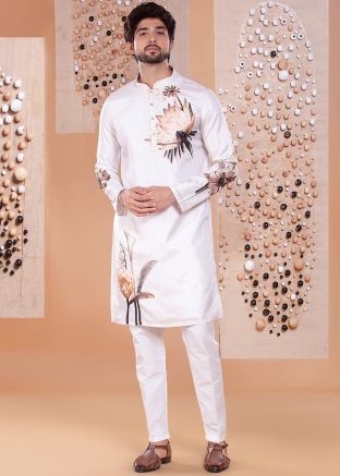 Off White Printed Men Kurta With Pant