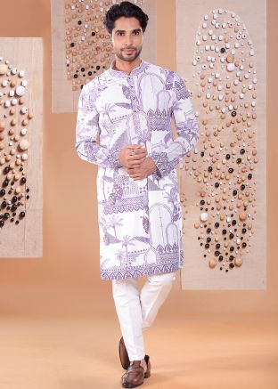 Men White Printed Kurta Pant Set In Silk
