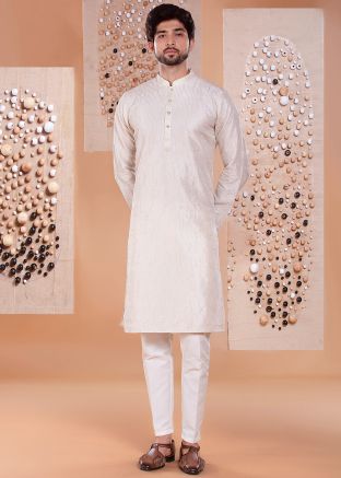 Men Cream Embroidered Kurta Pant In Silk