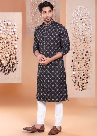 Men Black Thread Work Readymade Kurta Pant