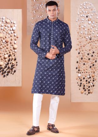 Readymade Blue Embroidered Kurta Pant Set