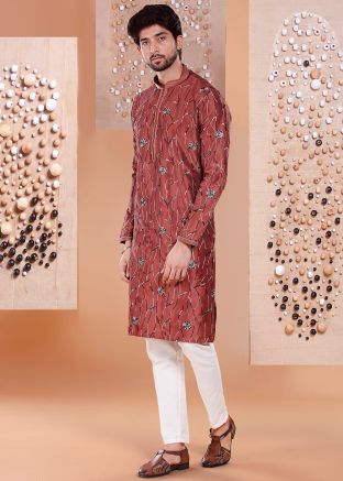 Readymade Embroidered Kurta Pant Set In Brown