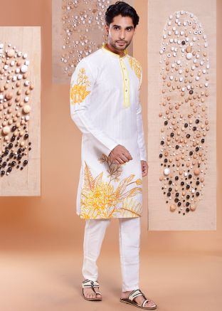White Embroidered Men Kurta Pant In Silk