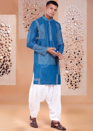 Readymade Blue Printed Dhoti Kurta Set In Silk