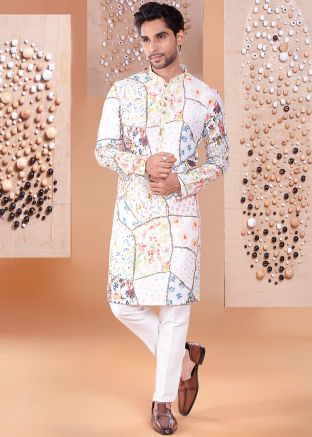 White Printed Men Kurta Pant In Silk