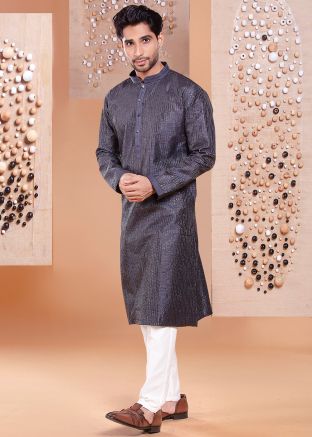 Dark Grey Embroidered Silk Kurta Pant For Men