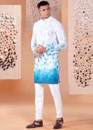 White Printed Kurta Pant For Men In Silk