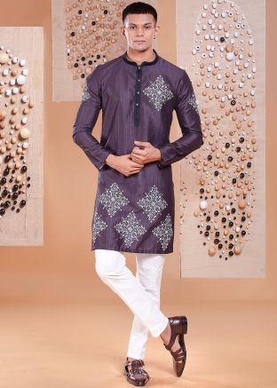 Purple Embroidered Men Kurta With Pant Set
