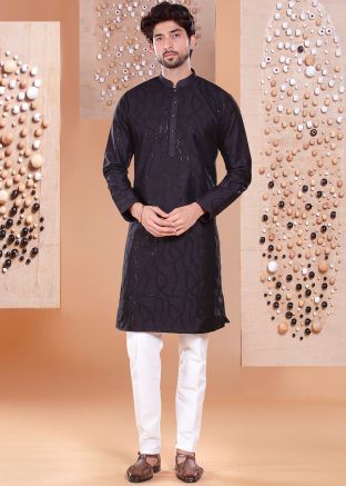 Readymade Black Embroidered Kurta Pant Set