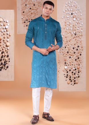 Teal Blue Silk Embroidered Kurta With Pant