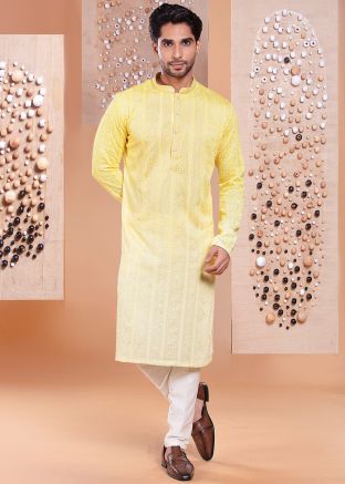Readymade Yellow Embroidered Kurta Pant In Silk