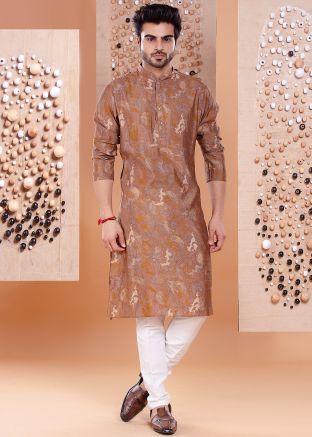Readymade Brown Men Kurta Set In Print