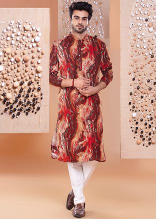 Multicolored Printed Men Silk Kurta Pant