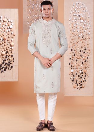 Grey Mirror Embellished Silk Kurta Pant Set