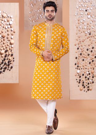 Yellow Thread Embroidered Men Kurta With Pant