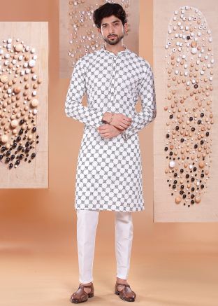 Men White Embroidered Kurta Pant In Silk