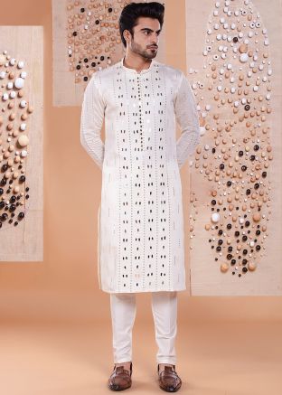 White Men Mirror Embellished Kurta With Pant