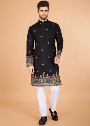 Black Thread Embroidered Men Kurta In Viscose Silk