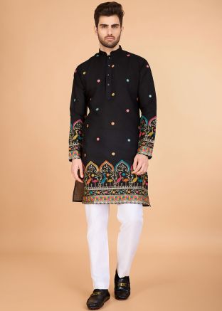 Black Thread Embroidered Kurta In Viscose Silk