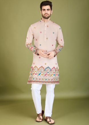 Beige Men Thread Embroidered Viscose Silk Kurta
