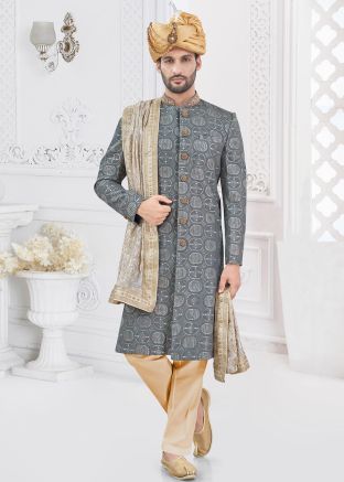 Grey Embroidered Men Sherwani Set In Georgette