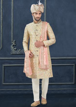 Pista Green Embroidered Sherwani Set In Silk