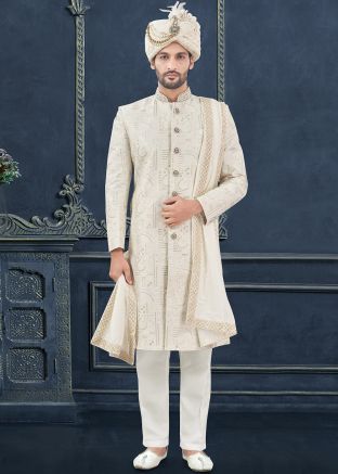 Off White Embroidered Silk Sherwani Set