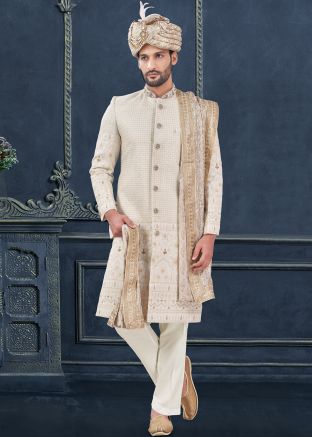 Off White Embellished Sherwani Set In Georgette