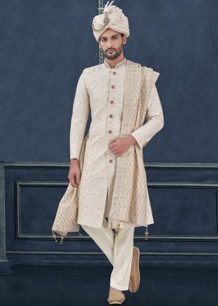 Off White Embroidered Silk Sherwani Set For Men