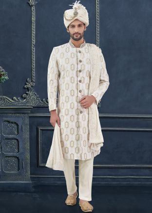 Men Off White Embroidered Silk Sherwani Set